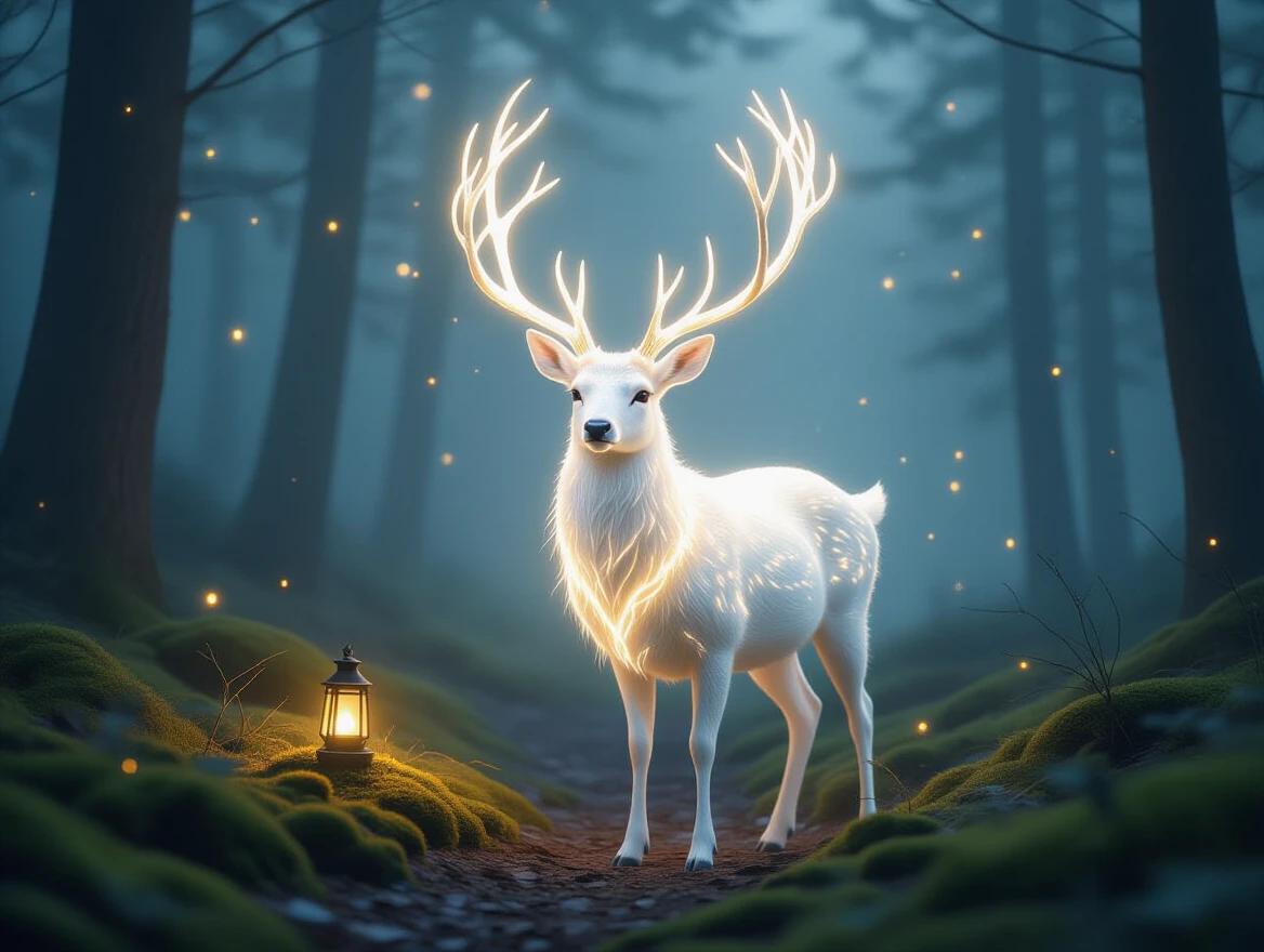 mystical deer-like creature with glowing ivory fur and tree branch antlers in a misty twilight forest with floating lantern lights and soft shadows