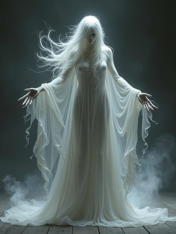 A spectral figure with long white hair caught in a breeze. The figure has a skeletal form in a translucent gown of grey and white. Arms are outstretched, with delicate fingers. Wisps of smoke or energy emanate from the gown. Background is a dark gradient focused on the figure, standing on textured wood. Lighting highlights translucency and angles. Mood is melancholic and ethereal, fitting for a fantasy setting.
