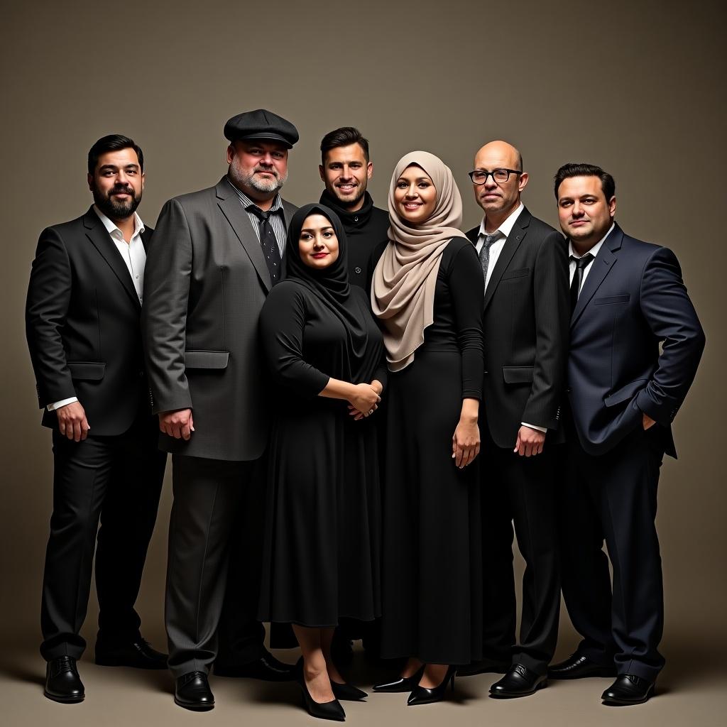 Group of individuals showcase a mafia gang led by a confident couple. The husband wears a newsboy hat while the wife dons a beautiful hijab. The gang includes diverse characters like a genius with glasses a bald creative thinker and a brave handsome member. Three women are also present including an adventurous beauty a chatty makeup lover and a curious plus-sized woman. They pose in a stylish studio setting embodying their gangster-themed identity.