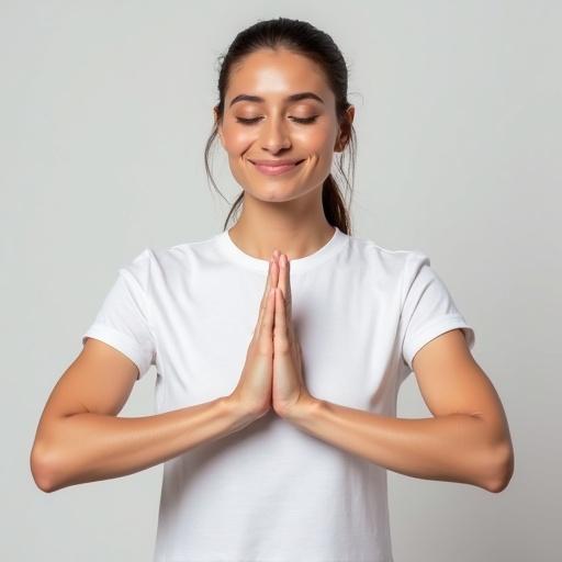 Woman wearing a basic white t-shirt is doing namaskar pose. The background is neutral and suitable for mockup.