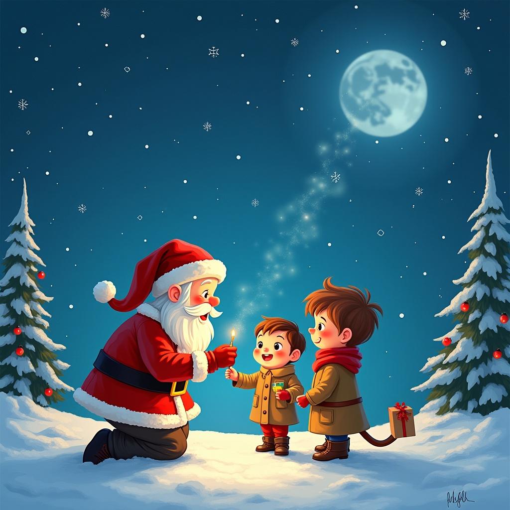 In a snowy winter wonderland, Santa Claus kneels before two excited children, Daniel and Lorenzo. They are mesmerized as Santa magically writes their names in the sky. The bright moon illuminates the scene, casting a soft glow on the snow-covered ground. Fluffy snowflakes gently fall, enhancing the magical atmosphere. Santa wears his traditional red suit with a fluffy white trim, spreading holiday cheer as he interacts with the eager children. Nearby, the evergreen trees are adorned with red ornaments, adding to the festive charm. This illustration captures the essence of Christmas joy and wonder.