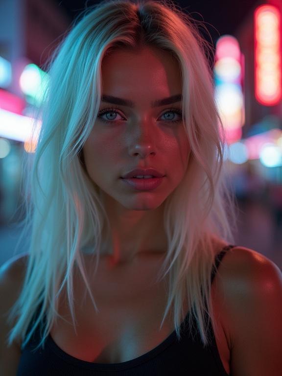 Close up portrait of a young woman with platinum blond hair and ice blue eyes. She has straight shoulder length hair and wears a black tank top. The background is dark and blurry with neon lights at night. Her skin is tanned with eyeliner enhancing her beautiful eyes.