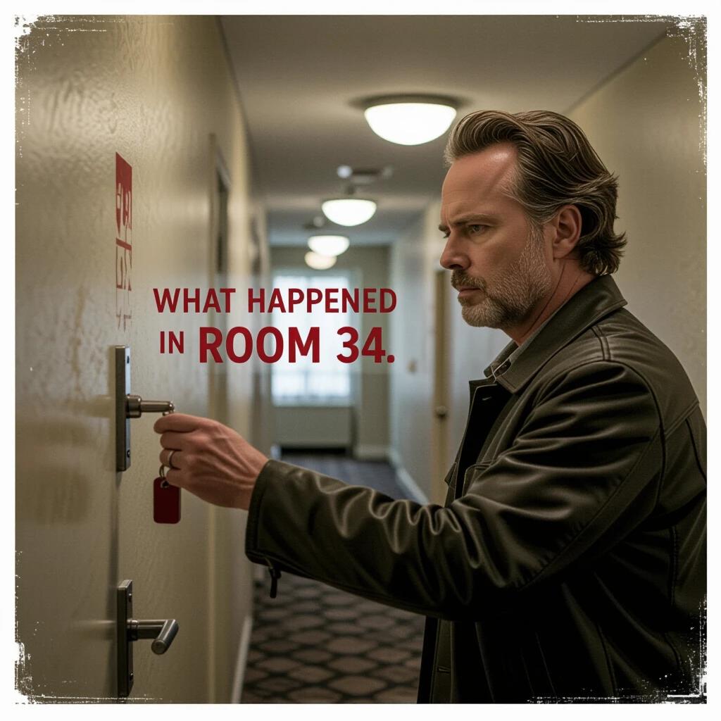 Motel room scene depicted. A man stands nervously at a door holding a key. The lighting is dim and eerie. The text 'What happened in Room 34' is in blood red. Focus on the tension before the door opens.