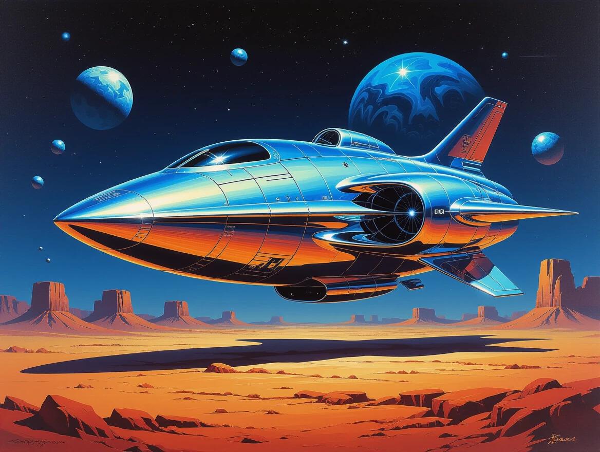 A sculpture-style painting of a spaceship in Y2K aesthetics. The fluid shape of liquid chrome contrasts with the matte finish of oil paint. Scene includes a dark fantasy landscape with planets and mountains. The artwork captures aggressive neotribal influences and hyperdetailed features.