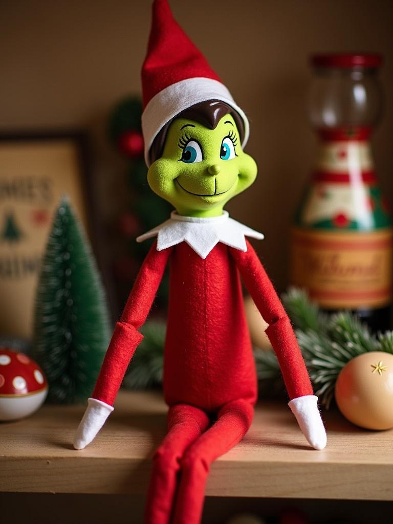 An elf doll dressed in red with a white collar sits on a shelf. Festive decorations surround it including small trees and ornament balls. The background shows a vintage Christmas bottle and a festive atmosphere. Designed for holiday cheer.