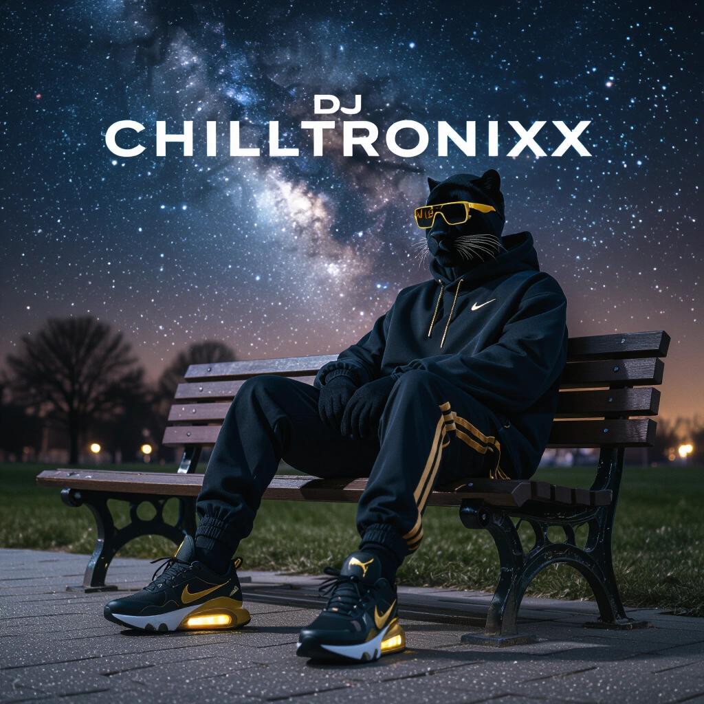 Night scene of a stylish individual seated on a park bench. Dressed in black and gold outfit with matching Nike sneakers. Surrounded by a starry nebula sky. Artistic design featuring DJ Chilltronixx text.