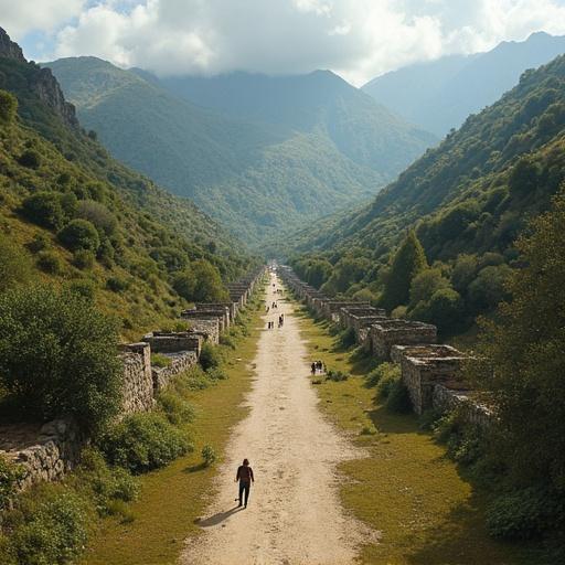Scenic view of an Inca road winding through a mountainous valley. Ancient ruins line the path. A lone figure walks along the road, surrounded by lush greenery and majestic peaks.