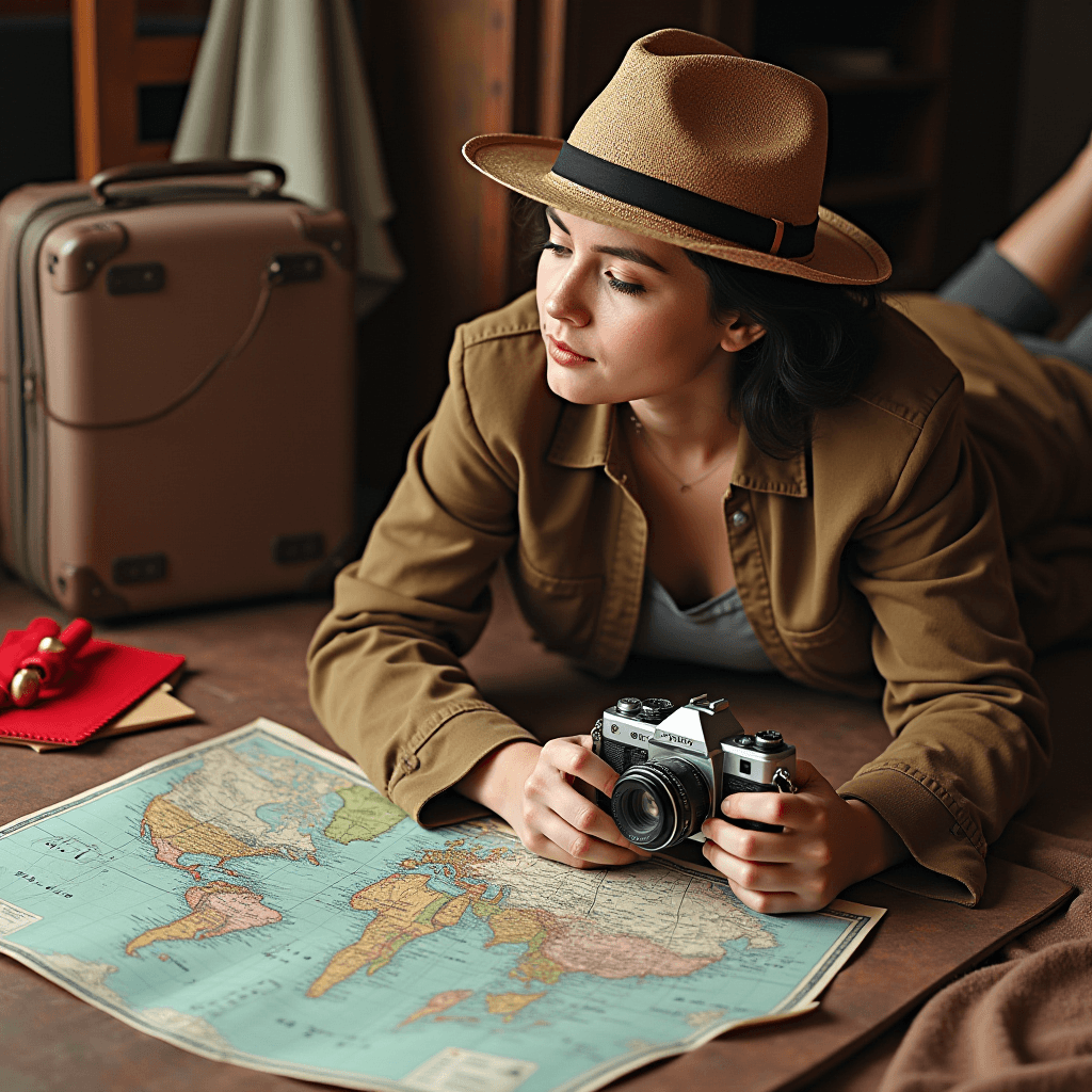 A person relaxes with a camera, looking thoughtfully at a world map.