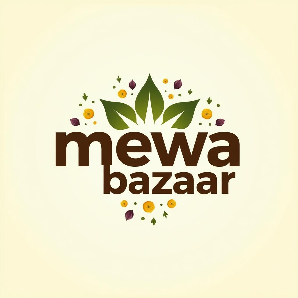 Logo design for the brand mewa bazaar. Incorporates brown and green colors with a royal style. Features graphics of leaves and dry fruits with a 3D royal font.