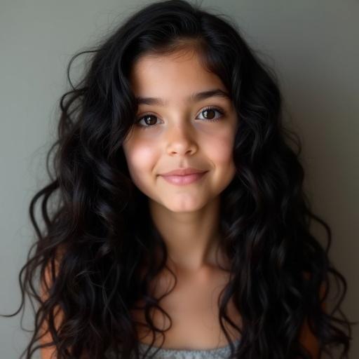 A girl with long black curly hair is posing. The background is simple and neutral colors. Her hair is the main focus of the image.