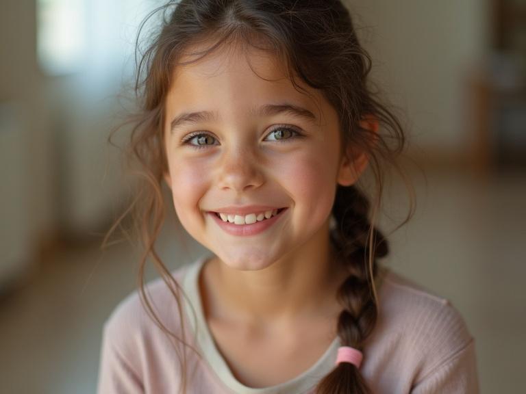 Capturing a beautiful tween girl with a friendly smile and braided hair in a bright, joyful setting.