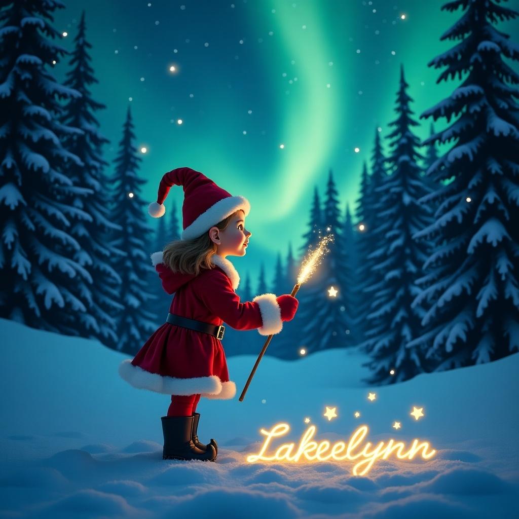 Child dressed as Santa stands in snowy forest. Glowing wand writes name in stars. Northern lights shimmer above.