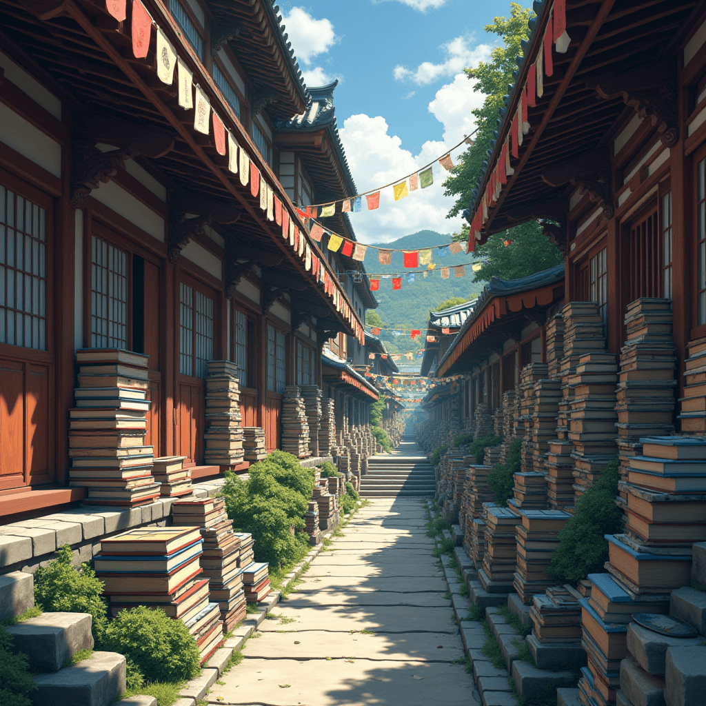 A narrow stone path lined with towering stacks of books flanked by traditional wooden buildings and colorful flags overhead.