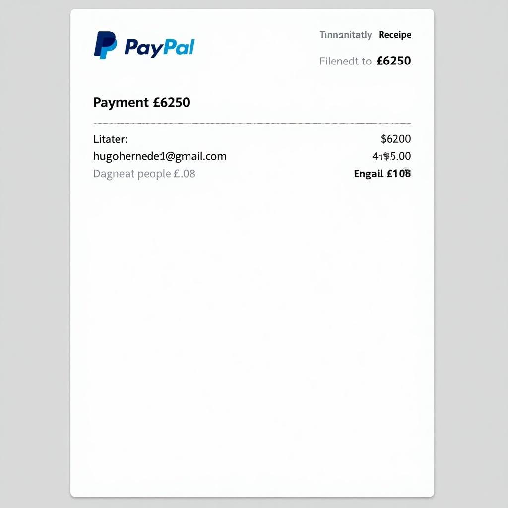 PayPal payment receipt shows transaction for £6250 to an email. Document has PayPal logo, payer details, transaction amount, clean design for online payments.