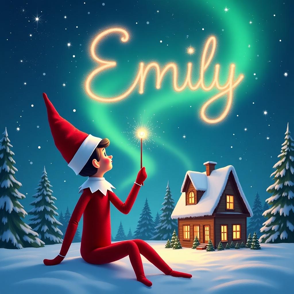 Elf on the Shelf sits back to viewer gazing skyward holding glowing wand. Colorful northern lights swirl above. Cozy house decorated for the holidays. Snow covers ground. Emily written in the sky.