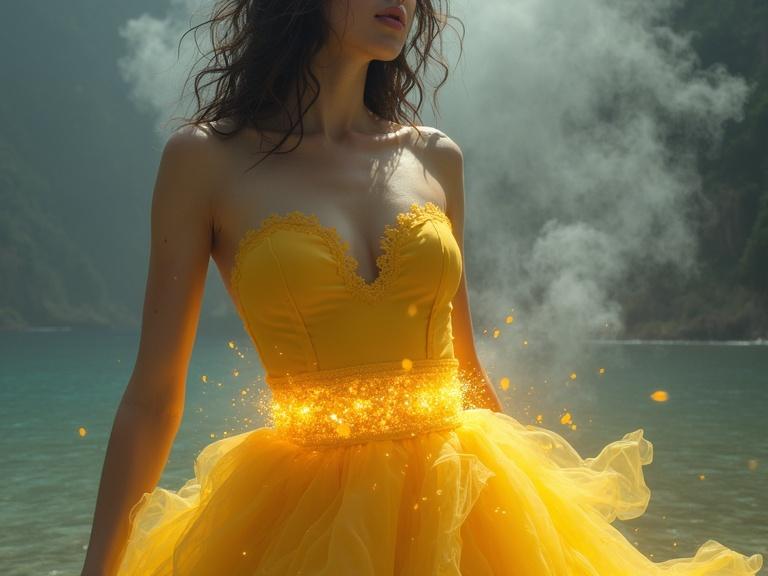 A woman in a beautiful yellow dress stands at a water's edge. Her waistband glows brightly. Gray smoke rises from the waistband. The scene is mystical and enchanting, highlighted by natural lighting.