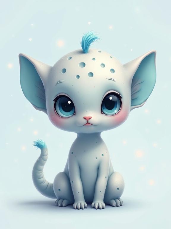 A cute alien creature the size of a 3-year-old child has soft light gray fur covered with small circular craters. There are two small sky blue ears on both sides of its round head, three soft sky blue hair strands on the center of its head, and a small fluffy sky blue tail. The creature has big, wide innocent eyes and a baby face with a friendly, curious expression. The style is cartoonish, colorful, and features soft textures suitable for a children's book illustration.