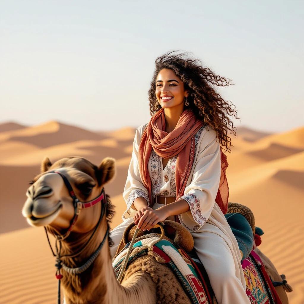 An Arab looking woman with curly hair is sitting on a camel in the desert during golden hour. The dunes are vast and warm tones surround the scene.