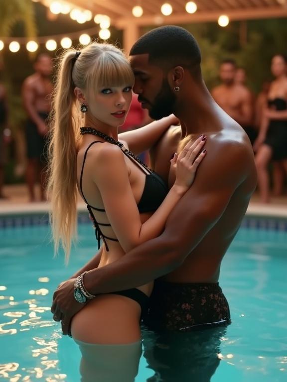 Couple at a pool party. Woman in bikini. Man embracing her. Party atmosphere with people in background. Warm lighting.