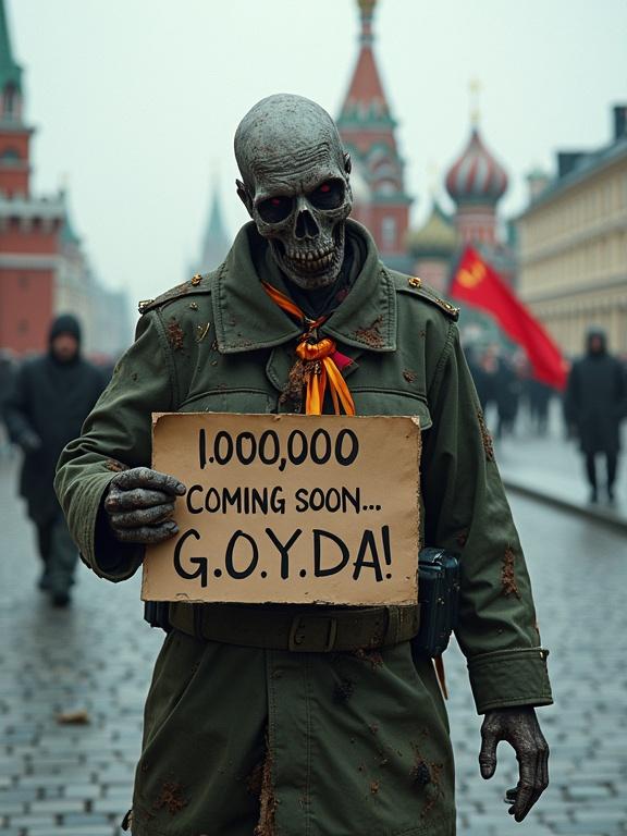 Photo of a zombie in a torn Russian military uniform on Red Square in Moscow holding a sign '1,000,000 COMING SOON... G.O.Y.D.A!' Zombie shows remnants of flesh and dark eyes. Orange and black St. George ribbon visible. Communist flag in the background. Gloomy eerie atmosphere. Red Square features Kremlin and St. Basil's Cathedral.