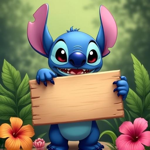 Stitch character holding empty wooden sign board. Tropical flowers and leaves surround the character. Bright colors enhance the cheerful vibe.