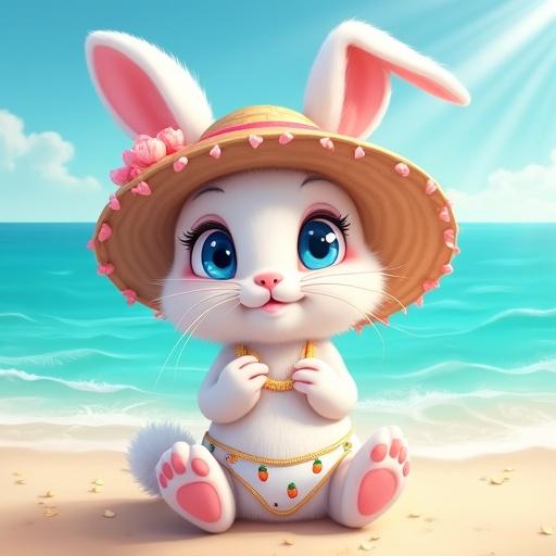 Digital illustration of a charming cartoon bunny on a sandy beach. Bunny has bright blue eyes and a fluffy white body. Ears decorated with pink flowers. Wearing a straw sun hat with pink ribbon and a white bikini with carrot patterns. The background shows turquoise ocean and blue sky with sunbeams.