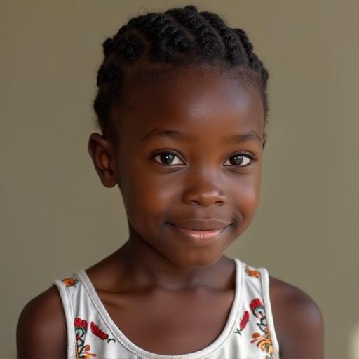 A young girl with short braided hair smiles at the camera. She wears a patterned shirt against a neutral background. Her expression is joyful and inviting.