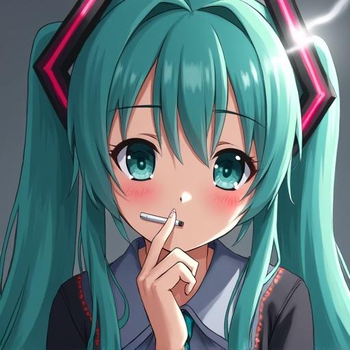 Anime character with teal hair and pink accessories. Character has a playful expression and is holding a cigarette. Background is simple and gradient colored.