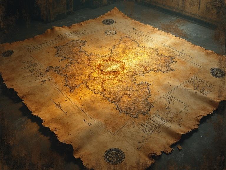 An ancient map with glowing symbols, partially concealed under layers of dust. Focus on the texture of aged parchment. Art style is a digital painting in an expressive, painterly style.