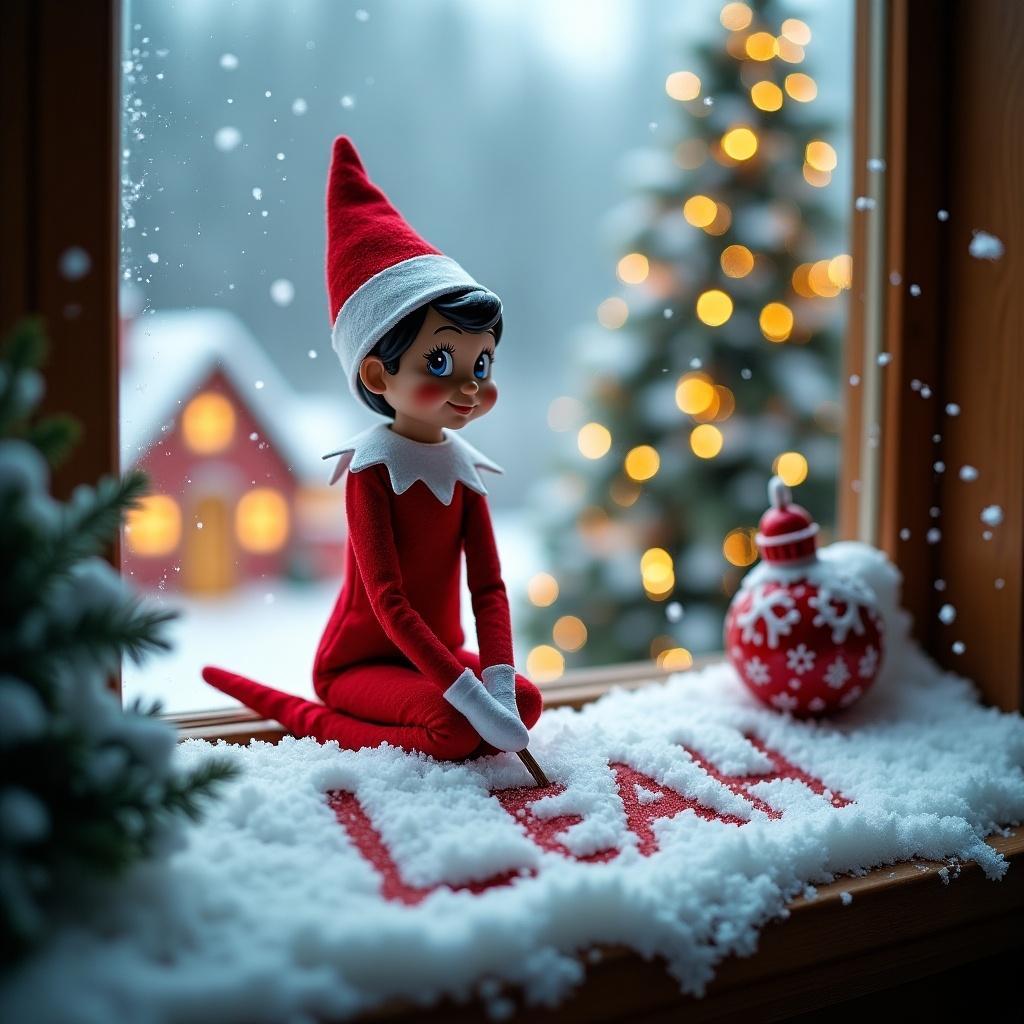 Enchanted Christmas scene features Elf on the shelf. Elf wears a red outfit and holds a stick. Elf writes in the snow. Background includes snow and Santa's village. Captivating festive atmosphere with a whimsical twist.