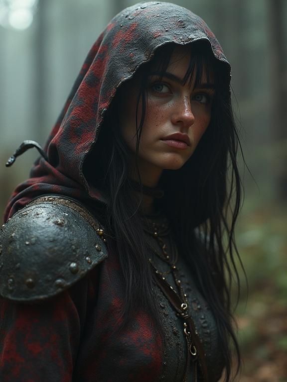 A hooded figure stands quietly in a misty forest, wearing a darkly colored, heavily detailed cloak along with armor over the shoulders. The atmosphere is thick with fog, giving an air of mystery to the figure.