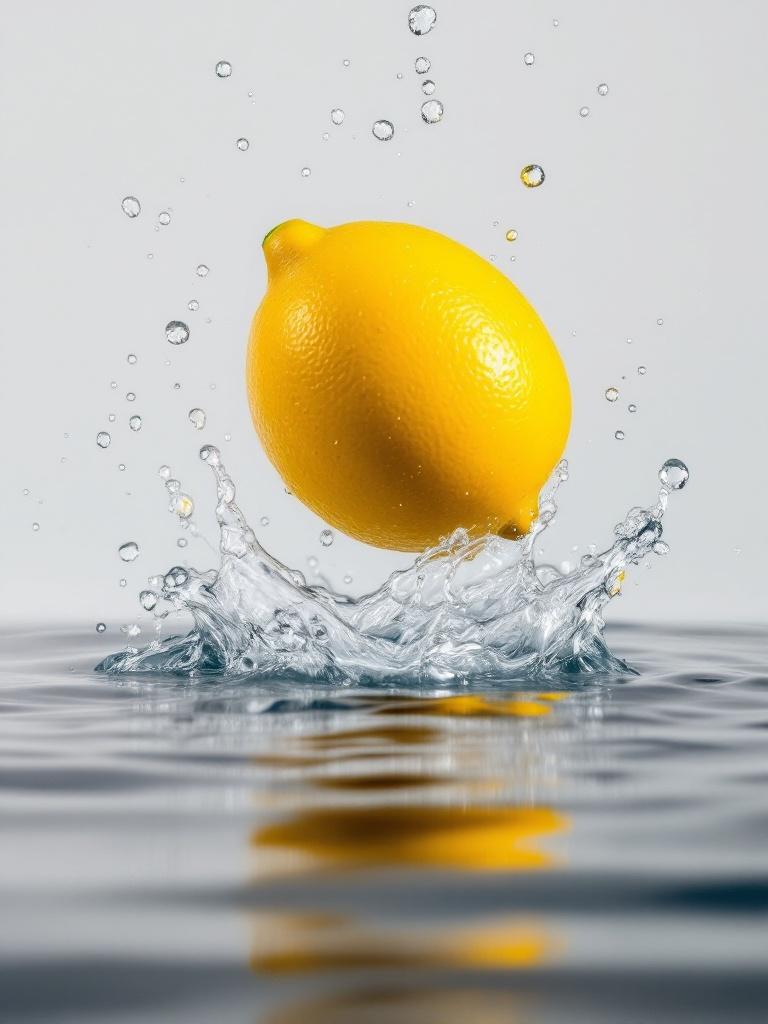 A yellow lemon is captured mid-fall into clear water. The lemon creates a lively splash against a simple background. Tiny water droplets surround the lemon as it hits the surface.