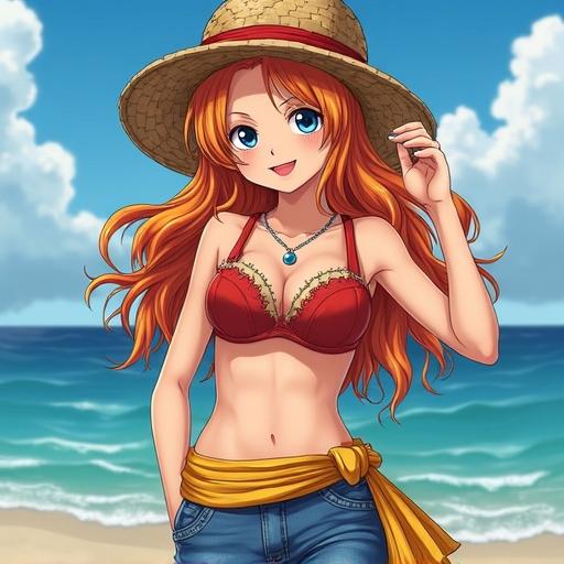 Young woman with orange hair wearing a straw hat and beach attire. She has a confident smile. The background features a sunny beach with blue water and sand.
