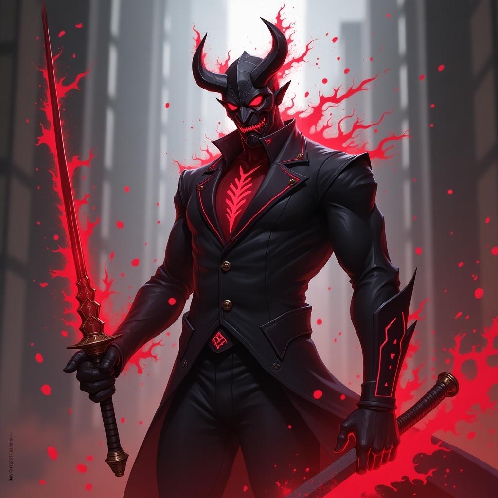 This image features a powerful demon-like character with an imposing presence. He is dressed in a sleek black suit that accentuates his muscular build. With striking red flames emanating from his body, he wields a sword that echoes the fiery theme. The character's head is adorned with menacing horns, enhancing his fierce persona. The background is blurred, drawing focus to this captivating figure, reminiscent of concept art from popular video games like League of Legends.