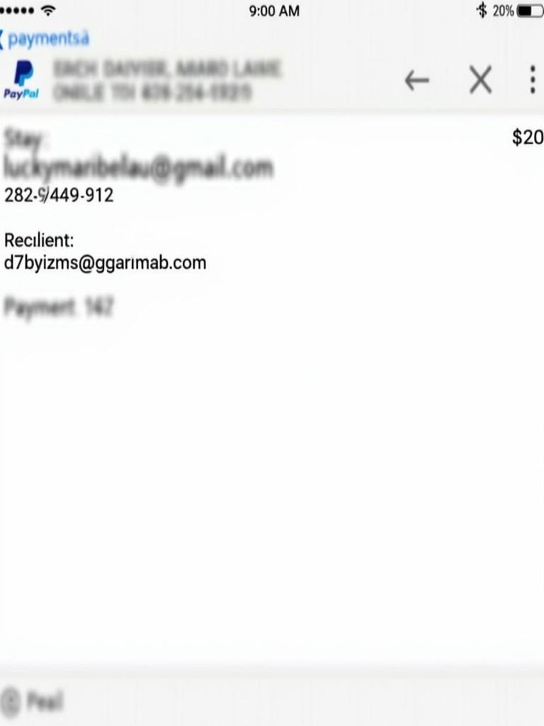 Digital screenshot of PayPal payment showing $20 transaction. PayPal logo included. Email address displayed as luckymaribelmau@gmail.com. Clear visibility of transaction details. Recipient is d7rbyizms@outlook.com. Text is easy to read.