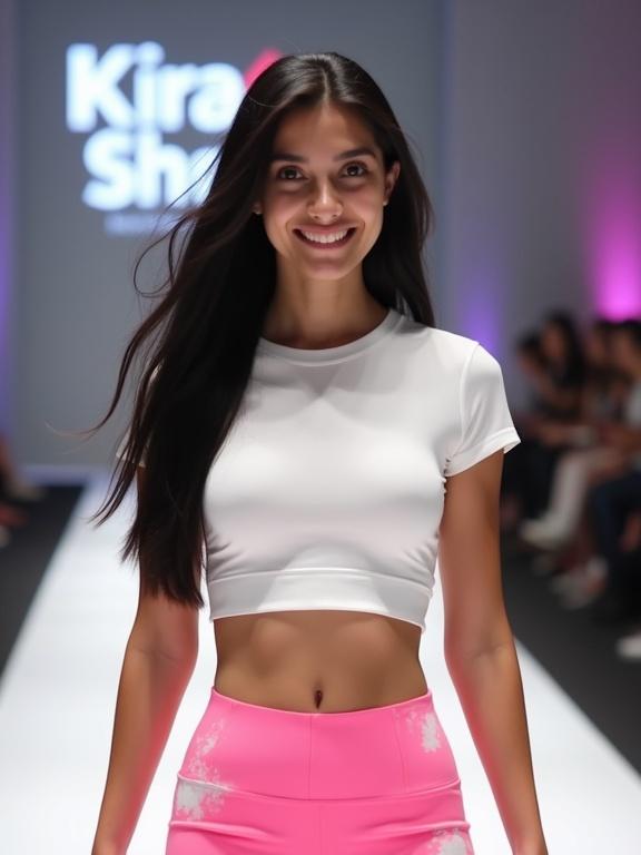 Young woman with long black hair. She is smiling sweetly at the camera while walking down a white runway. Wearing a tight-fitting white crop top and bright pink leggings with a pattern. Background features illuminated 'Kira Shop' sign.