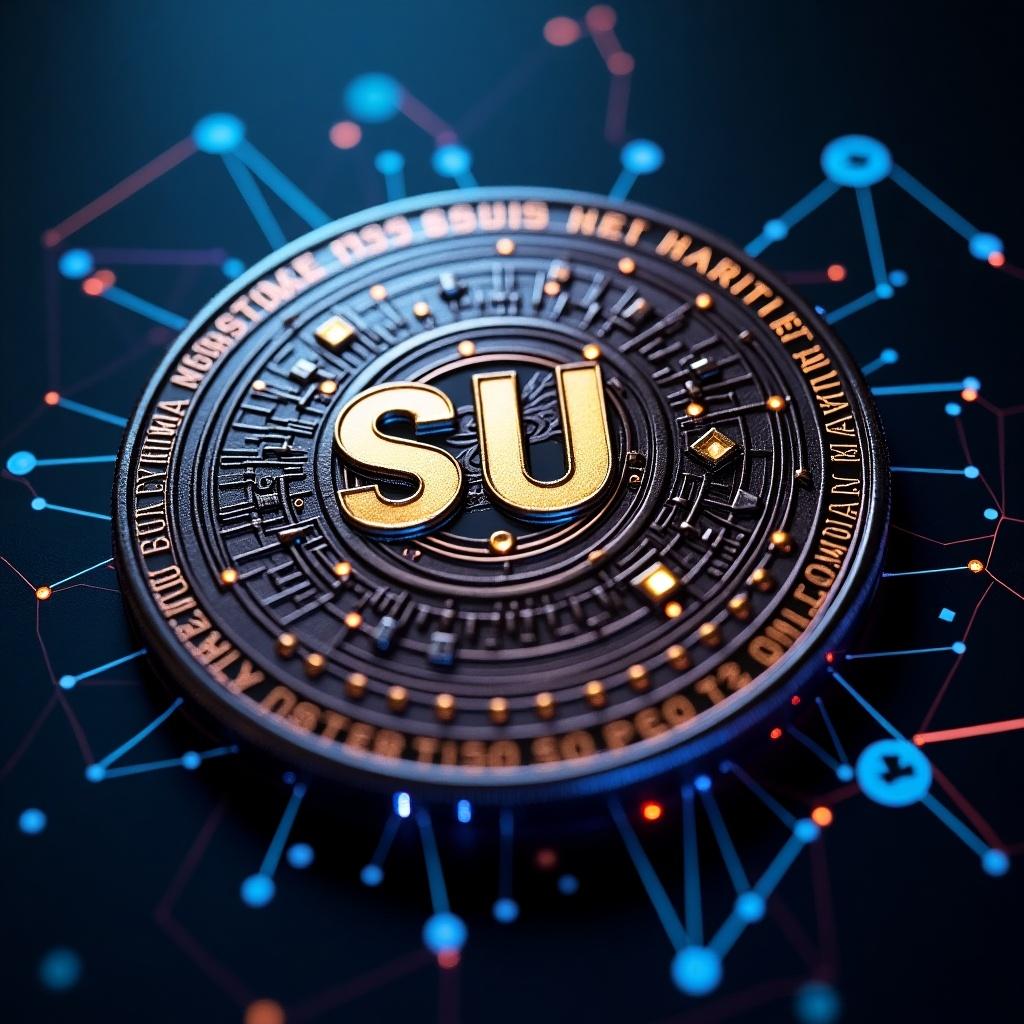 An image focusing on a detailed SUI cryptocurrency coin. The coin is prominently displayed with intricate designs and a modern aesthetic, showcasing circuitry details in the background.