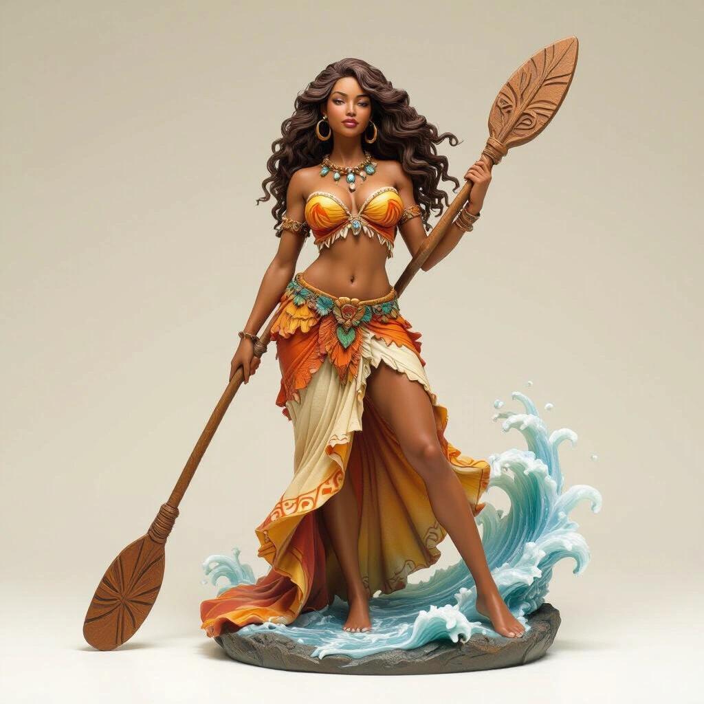 A detailed resin figure of a tall, slender woman inspired by an ocean princess. She has brown skin and large breasts, standing in a feminine pose. Dressed in a stylized tribal outfit with flowing fabrics in earth tones and bright colors. Holding a ceremonial oar, her long brown hair is blown by the breeze. The base features a rocky platform with flowing water. The overall style is sexy, mystical, and elegant, perfect for fantasy collections.