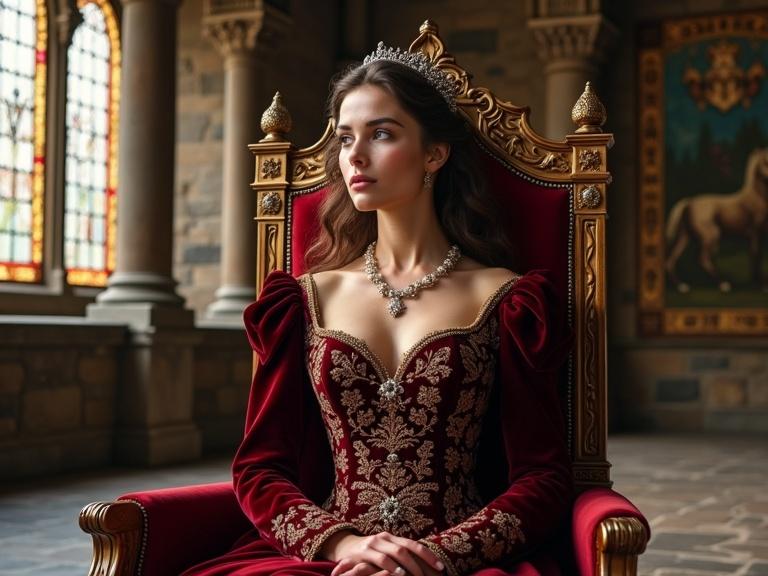 A princess with noble features and delicate expression sits on a richly decorated throne in a medieval castle. She wears a burgundy velvet gown with gold embroidery and a large neckline. Her headpiece rests on brown hair. The throne is made of carved wood with gold leaf. The room has stained glass windows, stone columns, and tapestries. The scene is majestic with historical realism.