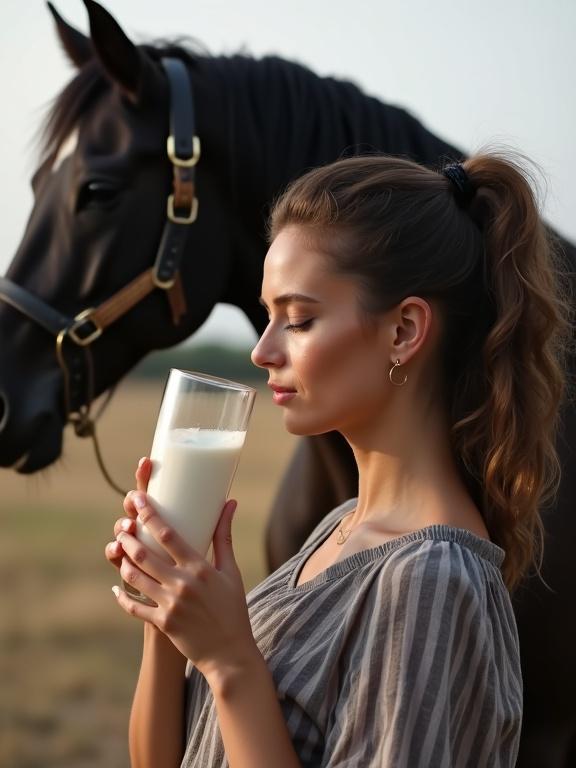 A beautiful woman holds a glass of thick white cream. A black horse stands in the background. The scene is set at a breeding farm. The woman enjoys her drink in a natural environment.