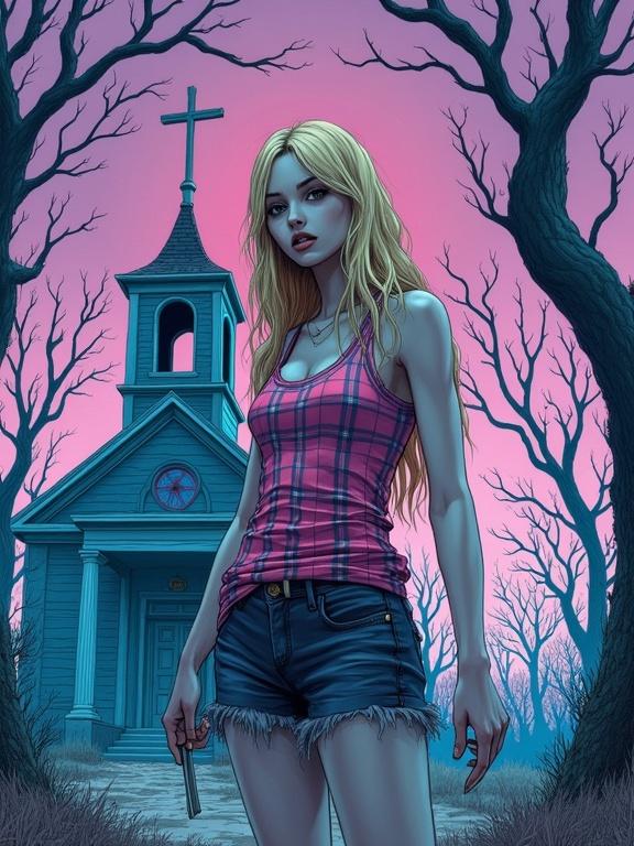 A young woman with long blonde hair stands in front of a dilapidated church. She is wearing a plaid tank-top and denim shorts. A straight razor glints in her hand. The background features dying trees in a swirling vortex. The colors are limited to indigo, lavender, and bubblegum-pink. The tone is unsettling and grotesque. The style is influenced by Junji Ito and Hirohiko Araki.