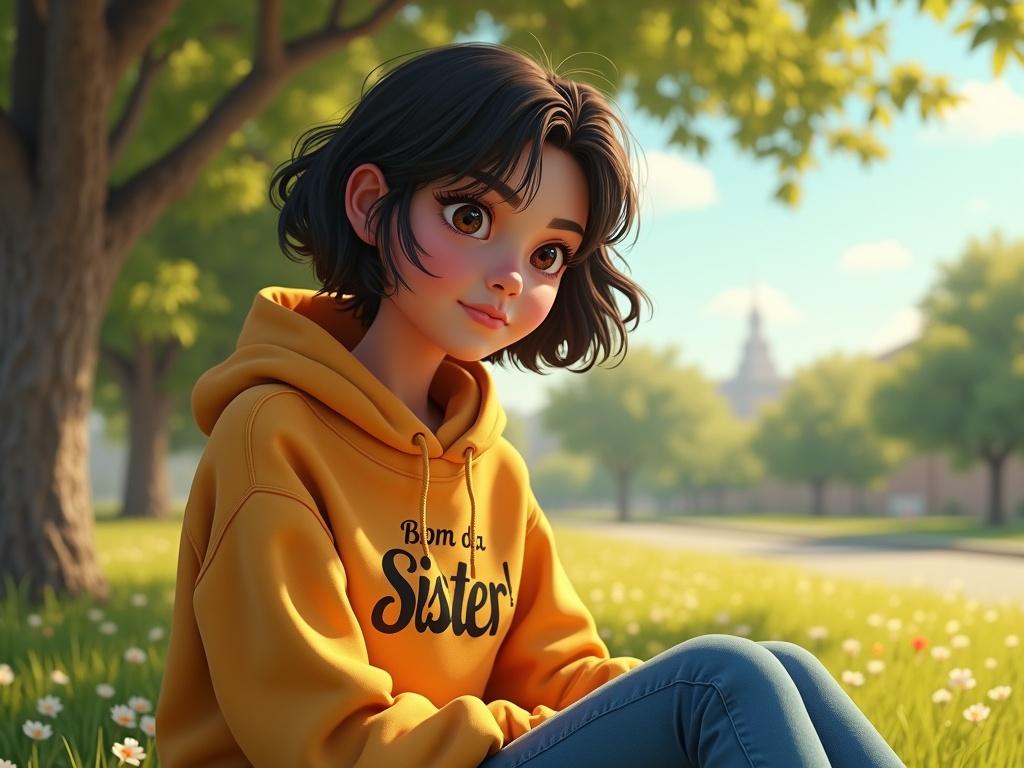 A Pixar style 3D anime portrait of a young Latin woman in a park. She has short hair and is wearing a yellow sweatshirt that says 'Bom dia Sister !' along with blue jeans. The setting is sunny and summer-like, with a vibrant park background.
