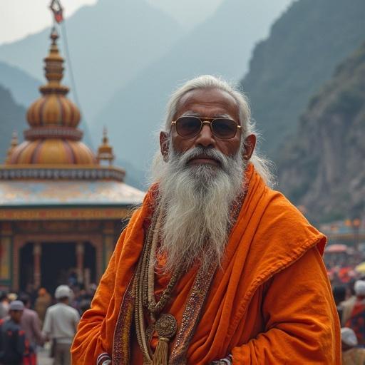 Image of a holy man in orange robes. The setting is Kedarnath Temple surrounded by mountains. The sage has long beard and glasses. There are other people in the background. The atmosphere is calm and spiritual.
