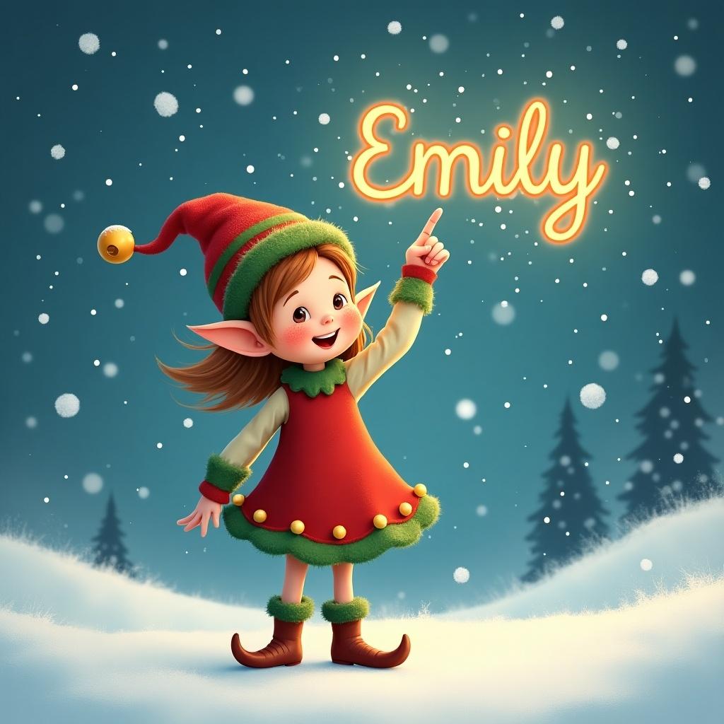 The image shows a joyful elf girl in a winter scene. She wears a red and green dress and a festive hat. She points upward as if writing a name in the sky. Snowflakes are falling all around her. The name Emily appears in glowing letters in the sky.