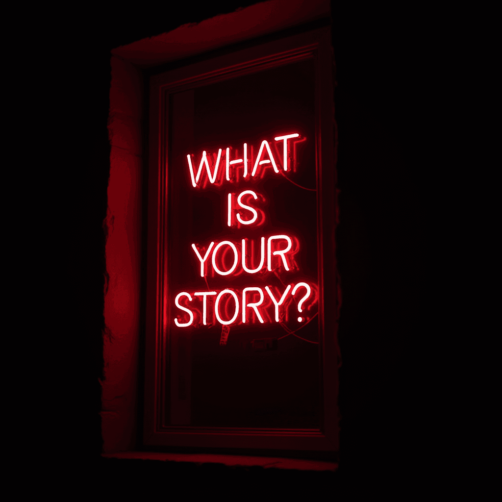 A vibrant red neon sign asking "What is your story?" set against a dark background.