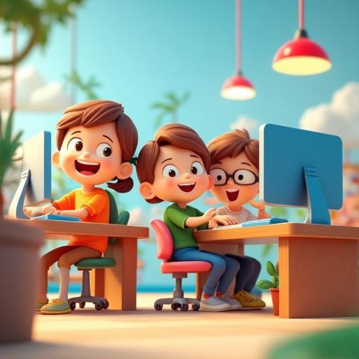 3D cartoon-style scene depicting colorful children engaged in work with computers. The scene is bright and happy with a lively environment.