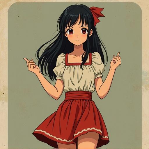 Anime character with black hair in a playful t-pose. She wears a cream blouse with a red skirt. The style has a retro Slavic influence.