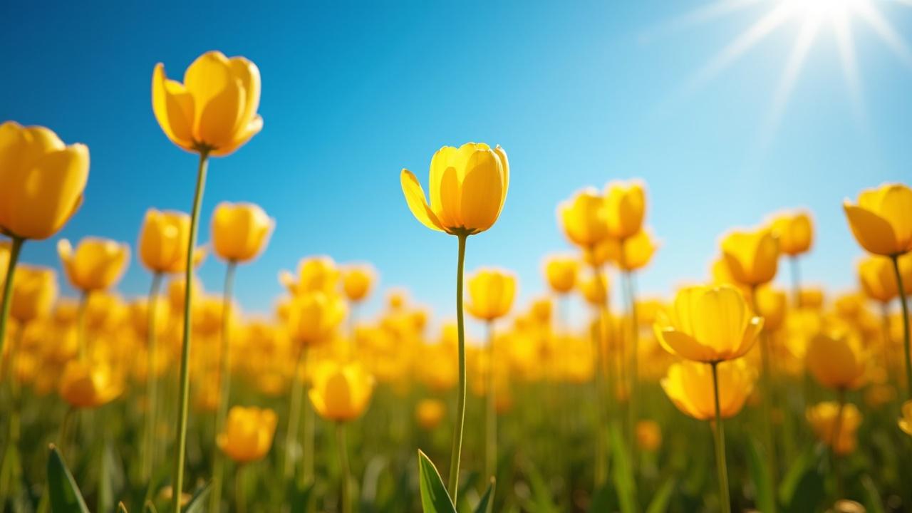 A vibrant field of yellow tulips stretches under a clear blue sky. The sunlight casts a warm glow on the petals, creating a cheerful and inviting atmosphere. The image captures the essence of spring and renewal, with one tulip prominently in focus in the foreground, leading the viewer's eye across the horizon.