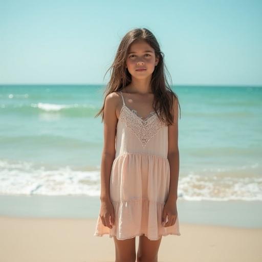 Portrait of a young girl standing on a beach. She has brown hair and white skin. Wearing a light dress with a simple design. The ocean and sand are in the background. Bright sunny day.