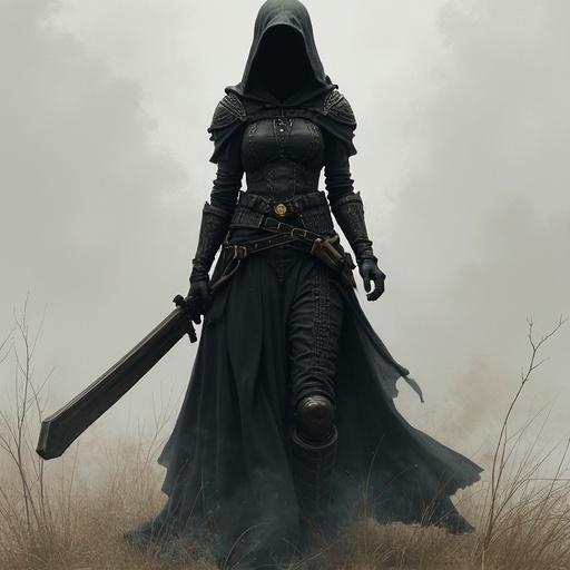 A female warrior resembling a Dullahan stands in a foggy field. Wearing a long dark cloak with armor and a sword. The atmosphere is mysterious and dramatic.